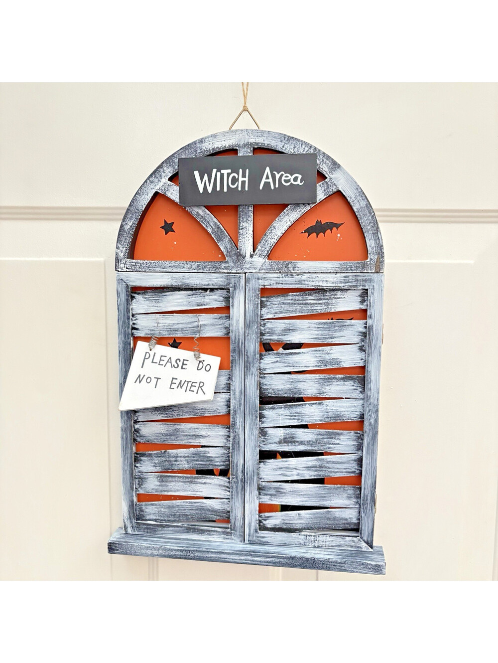 Wooden Haunted Boarded Up Window, opens to Witch and Cauldron Decor 16” Tall
